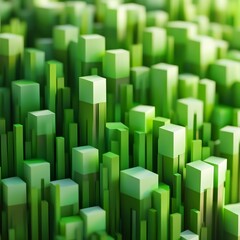 Fototapeta premium Abstract Green Cityscape: A 3D Rendering of Rising Blocks and Pillars of Varying Heights