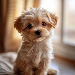 A charming close-up of a fluffy, light brown puppy with soulful eyes, capturing its endearing innocence.