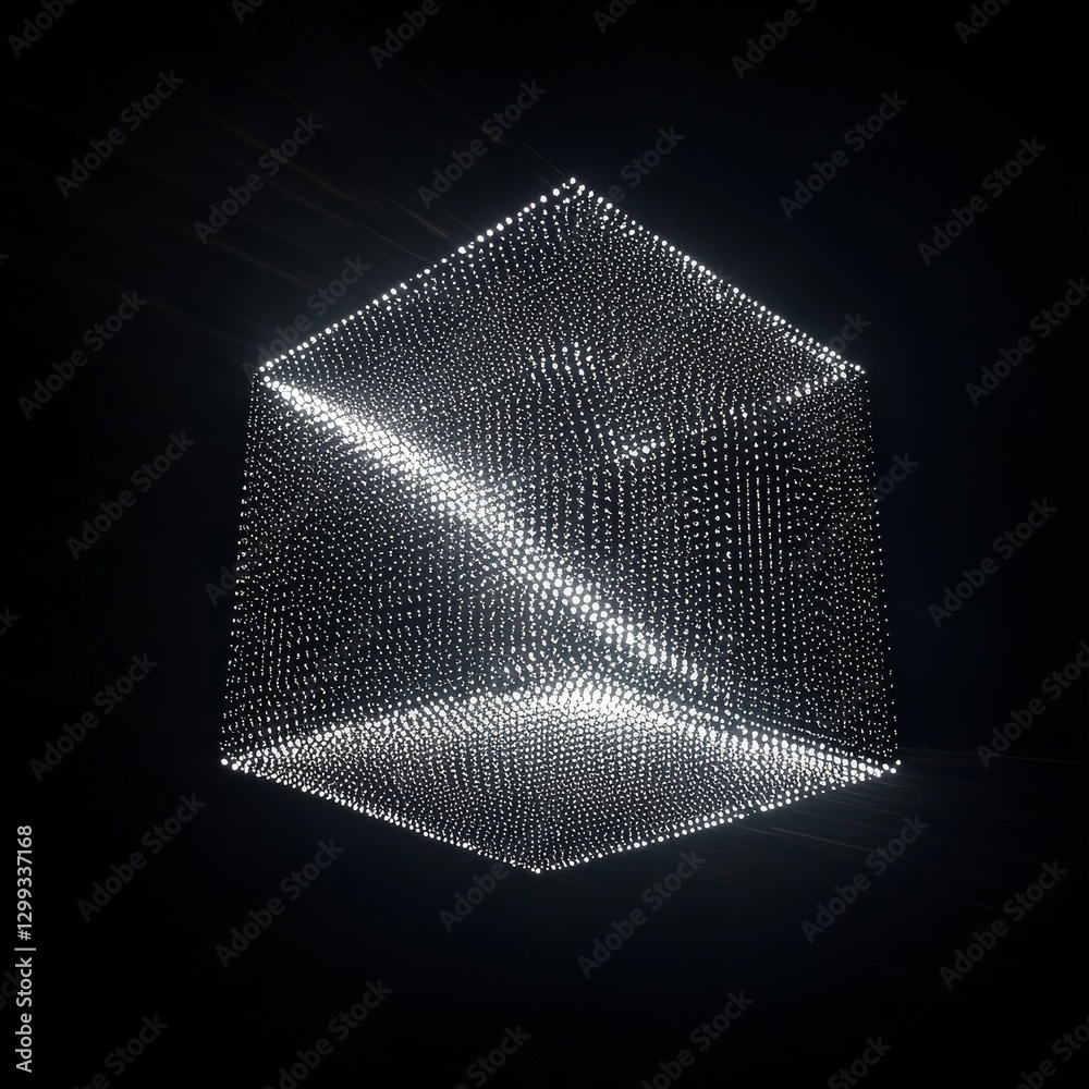 Poster a glowing cube: abstract light art installation against a black background, creates a sense of depth