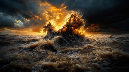 Dramatic Seascape with Crashing Waves Under Fiery Sky. Generative AI