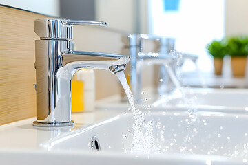 Modern bathroom sink faucet running water