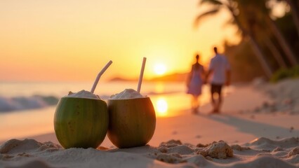 Two coconut cocktails stand on a sandy beach at sunset, with a couple walking in the distance.
Concept of: Romantic tropical getaway.