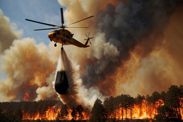 Helicopter is dropping water on a raging forest fire, battling the flames and protecting the environment.