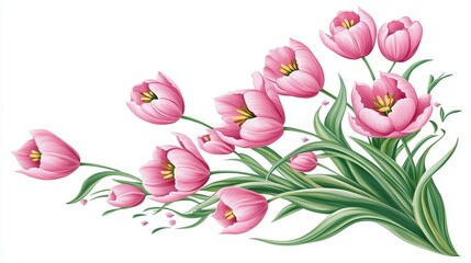 Obraz premium Beautiful pink tulips creating a diagonal composition on a pristine white backdrop, offering ample space for text or design elements