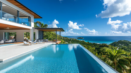 Fototapeta premium White modern luxury villa with an infinity pool and swimming pool on the hill overlooking the tropical beach