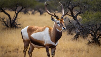 Naklejka premium Graceful Antelope Standing in Sunlit Grassland at Sunrise