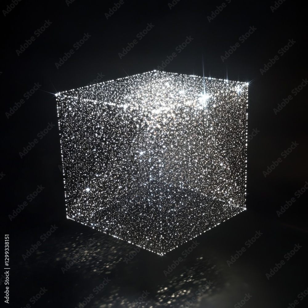 Poster luminous cube: a dazzling display of sparkling particles in the dark, modern abstract art, geometric