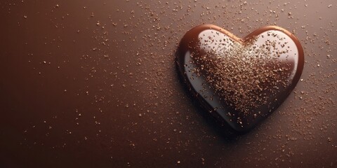 Heart-shaped chocolate confection surrounded by fine sugar crystals on a rich brown background perfect for sweet occasions