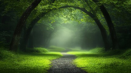 Enchanting Forest Path with Towering Trees and Soft Fog. Generative AI