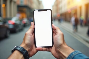 Hands holding a blank smartphone on a busy street