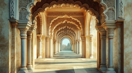 Naklejka premium Sunlit Palace Colonnade: Ornate Arches and Intricate Stone Carvings