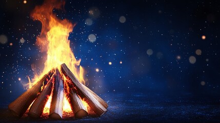 A burning bonfire on a dark blue background at night for Happy Lohri holiday or Punjabi festival. Traditional Indian festival. Backdrop for Bonfire Night