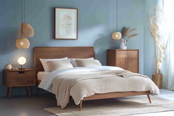 Modern bedroom interior, cozy, light blue walls, wooden furniture