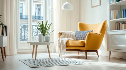Obraz premium Cozy living room with yellow armchair, decorative pillows, and potted plants near a bright window with natural light