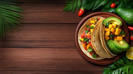 Delicious Fish Tacos with Mango Salsa and Avocado on a Rustic Wooden Table. Generative AI
