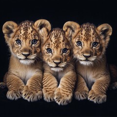 Obraz premium Three Adorable Lion Cubs Posing Together on a Black Background, Close-up Portrait of Playful Kittens.