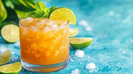Fototapeta premium A refreshing Mai Tai cocktail with crushed ice lime wedges and a mint sprig served in a tiki glass. Generative AI