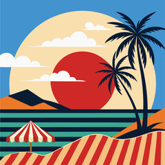a beach scene with retro stripes and an-orange sun