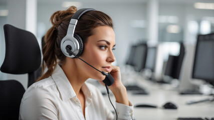 A friendly and focused call center operator helps customers using a headset in a bright office.
