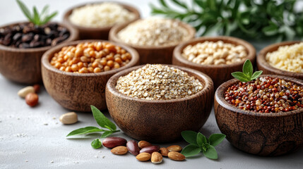 variety of gluten free grains and seeds are displayed in wooden bowls, showcasing healthy and natural selection. assortment includes quinoa, millet, and other grains, surrounded by fresh herbs
