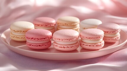 Fototapeta premium Delectable Scene Featuring Vibrant Macarons on Charming Plates with a Soft Gradient Background