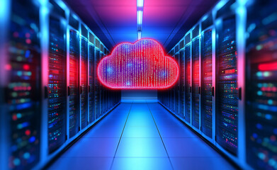 A glowing digital cloud symbol overlaid on a data center with streams of binary code representing cloud computing.