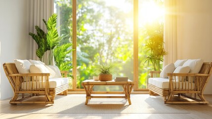 Fototapeta premium Bright and Airy Living Room with Natural Light and Green Plants