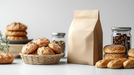 paper bakery bag is displayed on white background, surrounded by variety of baked goods including pastries and bagels, with jars of nuts and seeds in background