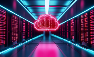 A glowing digital cloud symbol overlaid on a data center with streams of binary code representing cloud computing.