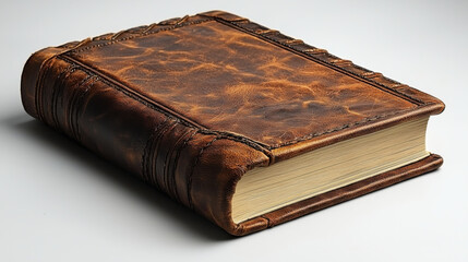 Obraz premium rich brown leather bound book with textured cover and detailed spine design lies on light surface, showcasing its vintage and elegant appearance