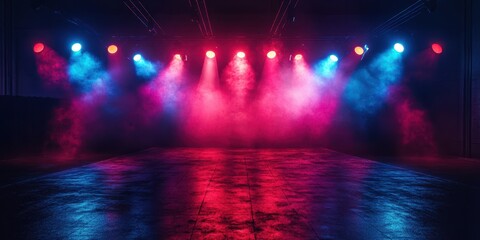 Colorful stage lighting creates a dramatic atmosphere for performances in an indoor venue