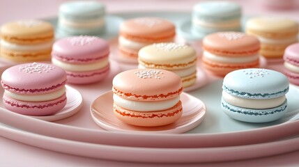 Obraz premium Artistic Presentation of Colorful Macarons on Pastel Plates with a Soft Gradient Background