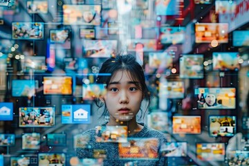 Overwhelmed by Information: A Young Person Engulfed in Chaotic Digital Data and Media, symbolizing the effects of Social Media Addiction.