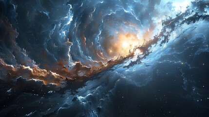 Deep space rendering of a blazar warping space time around it its powerful gamma ray bursts creating mesmerizing gravitational waves