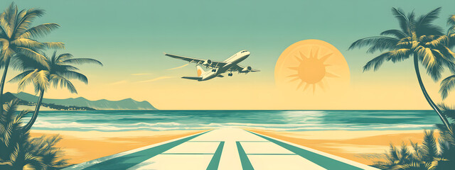 Obraz premium Vintage-style poster of an airplane flying over the ocean, with palm trees on both sides and a beach in the background 
