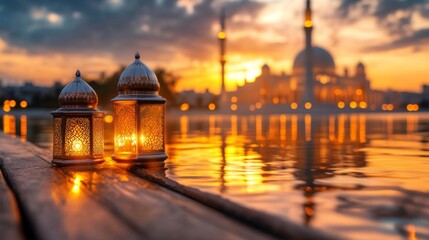 Glowing Lanterns Reflecting on Water in Front of a Mosque. Generative AI