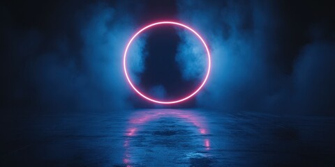 Neon circle glow emanating in a dark misty atmosphere with reflections on the floor in an abstract setting