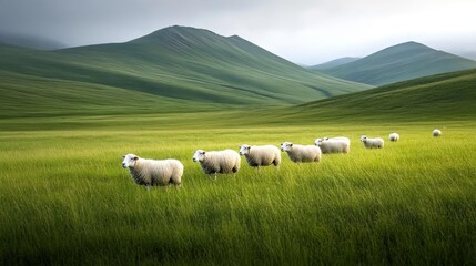 Sheep Walking Through a Beautiful Green Field Under Cloudy Skies. Generative AI