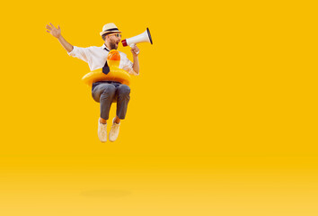 Funny happy excited young business man or office worker in sun hat, rubber ring and sunglasses...