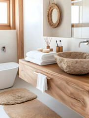 Modern bathroom, wood vanity, stone sink