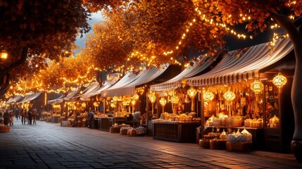 Autumn Street Market with Festive Lanterns and Stalls. Generative AI