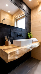 Modern bathroom, wood vanity, stone wall