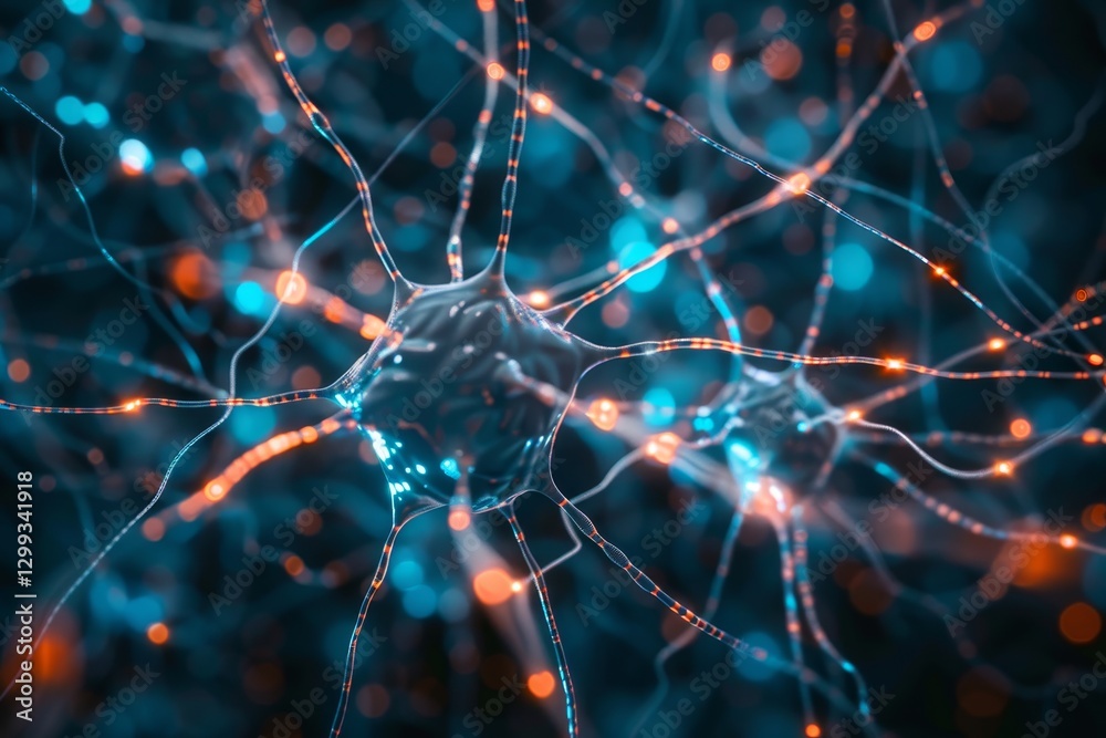 Poster a close-up view of a stylized neural network, with glowing connections representing the intricate we