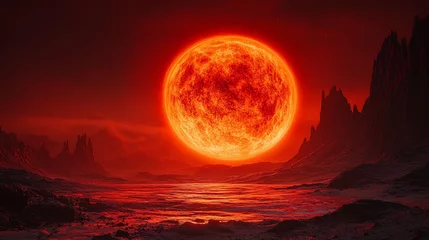 Selbstklebende Fototapeten Dim red dwarf casting eerie crimson light onto a nearby rocky exoplanet alien landscapes bathed in its glow cinematic cosmic realism © EpochXstudio