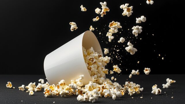 Popcorn falling from a white container against a black background