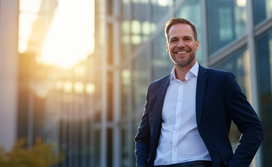 A confident middle-aged businessman in a suit and glasses smiling outdoors with warm sunlight in the background.