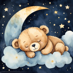 Adorable watercolor illustration of a teddy bear sleeping on a fluffy cloud under a starry night sky with a crescent moon.
