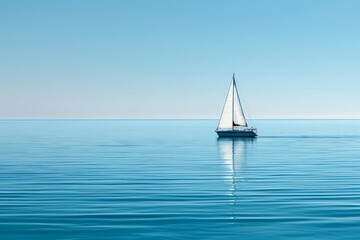 Obraz premium A single sailboat glides peacefully across a vast, blue expanse of water under a clear, blue sky, A lone sailboat drifting peacefully on the horizon, the only sign of human presence