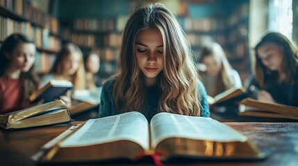 Girl reads book in library; students studying background, for education