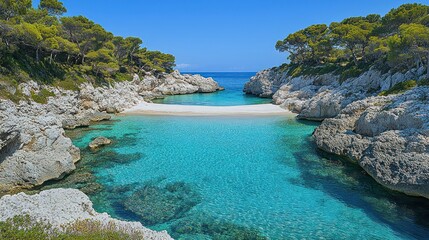 Coastal Cove, Turquoise Water, Sunny Beach, Lush Trees